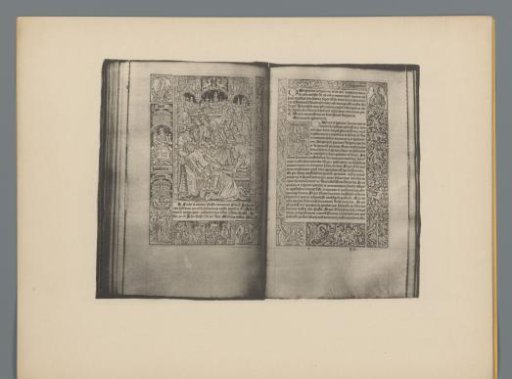 Reproduction of two pages from a fifteenth-century book with an image of the Lamentation of Christ