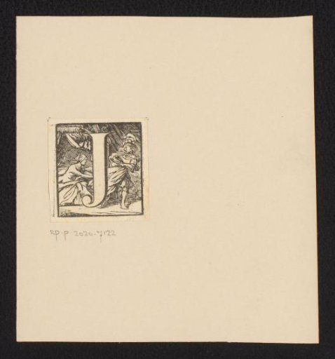 Historical Initial J with the Chastity of Joseph as He Flees from the Wife of Potiphar