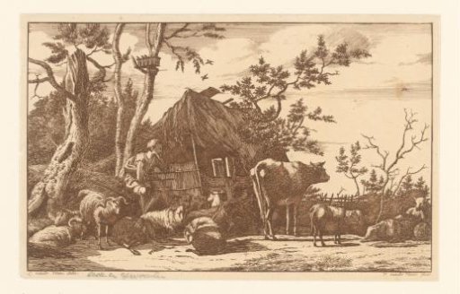 Seated Shepherd with Livestock Before a Dilapidated Barn