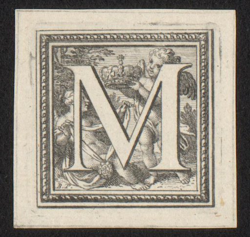 Initial M and putto with crown