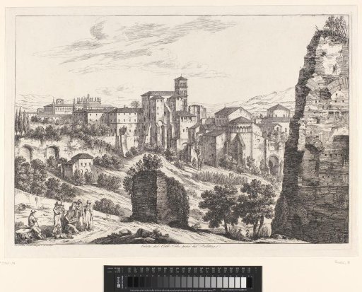 View of the Colle Celio from the Palatine, with a drawing artist surrounded by tourists