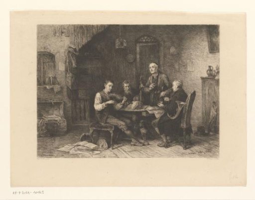 Four men playing music in an interior