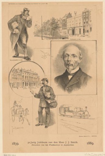 Portrait of J.J. Smith and depictions of a post office and postman