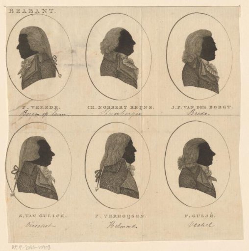 Silhouette portraits of six Dutch politicians from Brabant