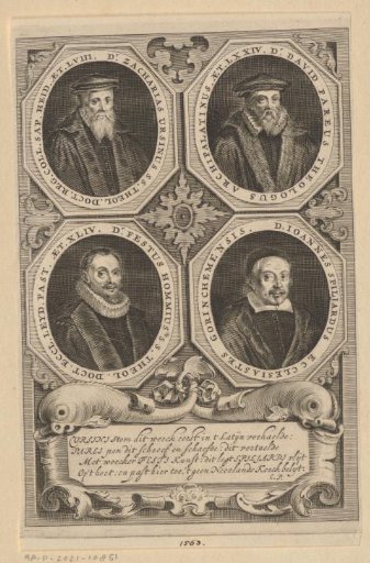Portraits of Zacharias Ursinus, David Pareus, Festus Hommius, and Johannes Spiljardus