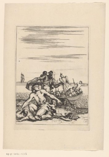 Coastal view with three men, a woman with a child, and various animals