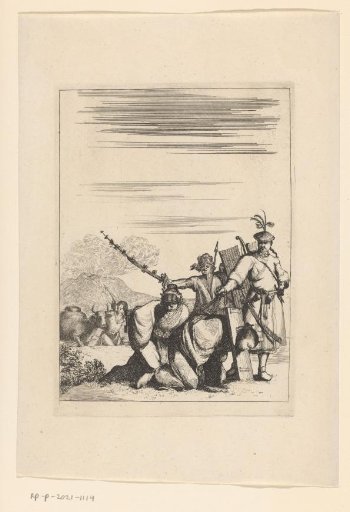 Two figures next to two kneeling prisoners, possibly in China