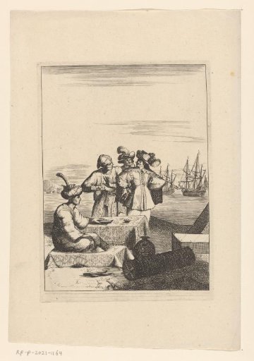 Coastal view with two European merchants and two possibly Turkish merchants