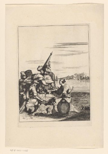 Coastal view with Arab and European merchants around a table, possibly in Japan