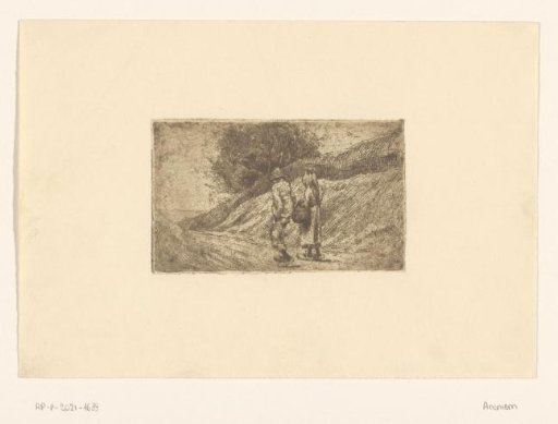 Two figures on a path through a dune landscape