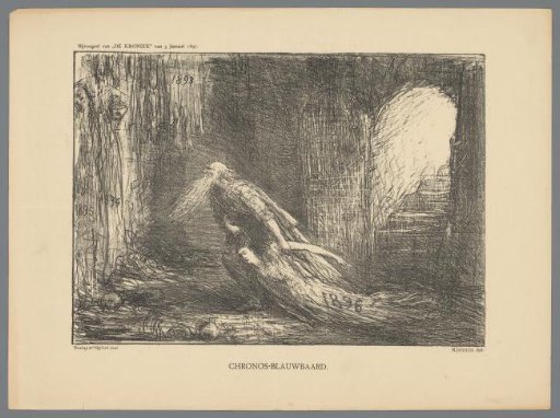 Man with a long beard dragging a woman with 1896 on her dress into a cellar