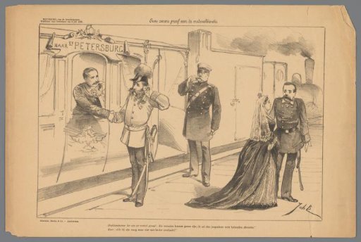 Caricature of figures on the platform at a train station to St. Petersburg