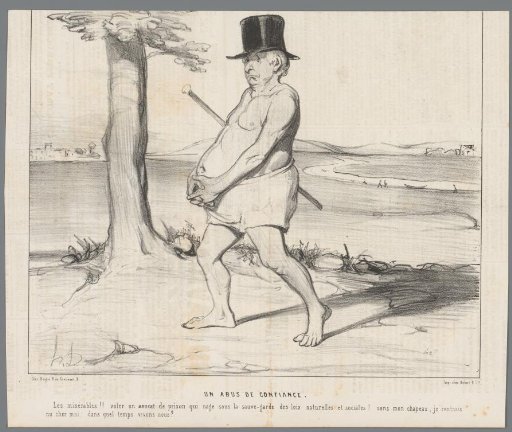Man in swimming trunks with a tall hat and walking stick tucked under his arm