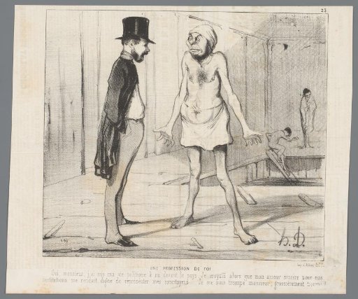Man in swimming trunks speaking to a clothed man