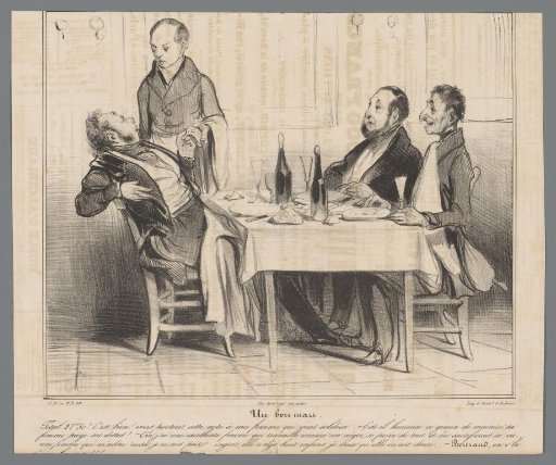 Robert Macaire exchanging words with the waiter in a restaurant