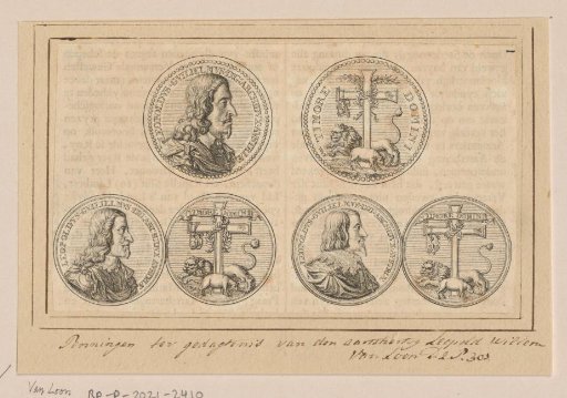 Front and back of three medals with the portrait of Leopold William of Austria and his motto