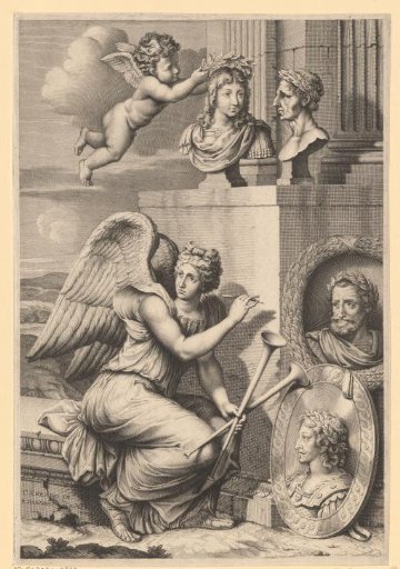 Fame among portraits and busts of French kings
