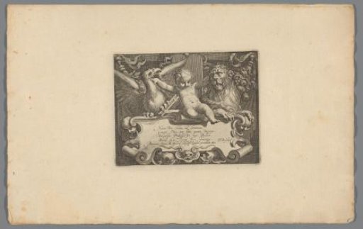 Child between a tamed lion and a bird of prey above a shield with a verse
