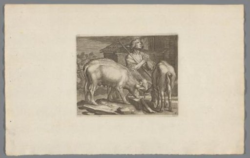 Prodigal Son as a swineherd with pigs at the trough