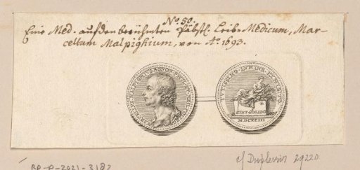 Obverse and reverse of a medal with the portrait of Marcello Malpighi