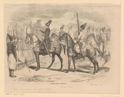 Naser ed-Din Kadjar, Shah of Iran, seated on a horse while addressing an army