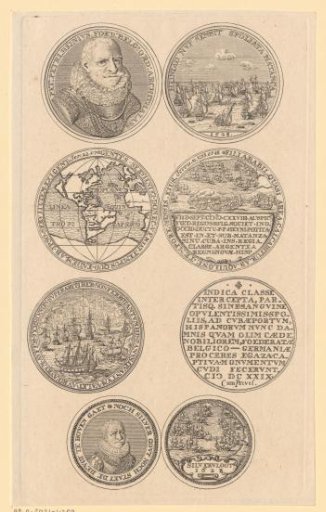 Medals with portraits of Piet Hein, the Silver Fleet, and a map of America