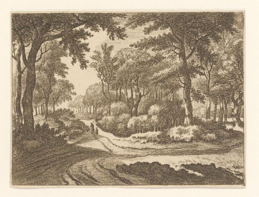 Wooded landscape with two figures on a path