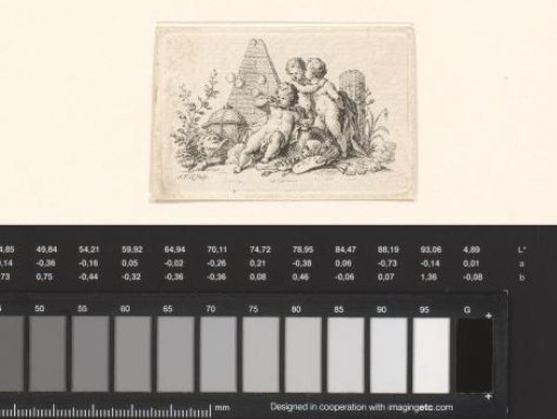 Three putti between a globe, a pyramid, and a broken column