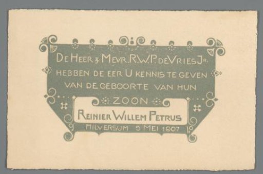 Birth Card for Reinier Willem Petrus de Vries