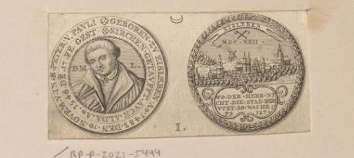 Obverse and reverse of a medal with the portrait of Martin Luther and a view of Eisleben