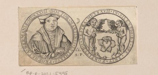 Obverse and reverse of a medal with the portrait of Martin Luther and two angels