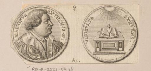 Obverse and reverse of a medal with the portrait of Martin Luther and an altar with an open book 'Verbum Dei'