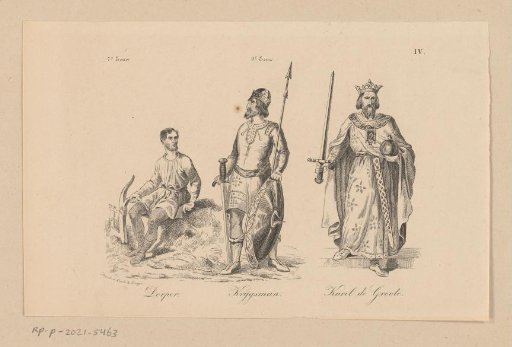 Peasant, Warrior and Charlemagne in clothing from the seventh and ninth centuries