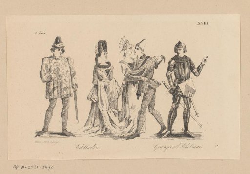 Four nobles and an armed nobleman in clothing from the fifteenth century