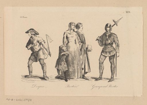 Country dweller, burghers and armed burgher in clothing from the fifteenth century