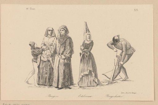 Citizens, noblewoman and crossbowman in clothing from the fifteenth century