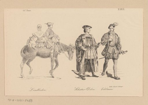 Man and woman on horseback, captain of the civic guard and nobleman in sixteenth-century clothing