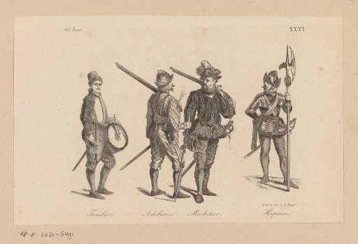 Drummer, arquebusier, musketeer and captain in sixteenth-century dress