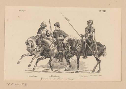 Carabinier, musketeer and lancer on horseback in sixteenth-century dress