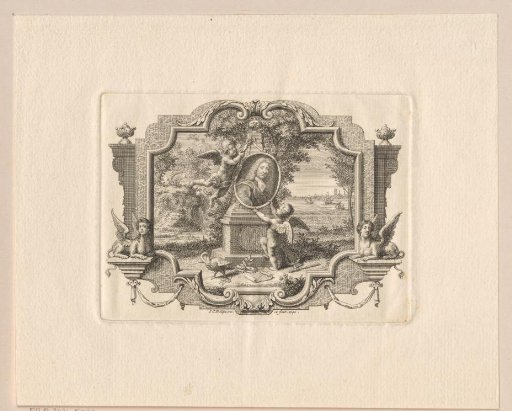 Two putti affixing the portrait of Pieter Rabus to a monument