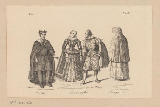 A doctor, a wealthy man and woman, and a burgher woman in seventeenth-century dress