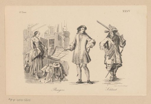 Two citizens and a soldier in seventeenth-century clothing