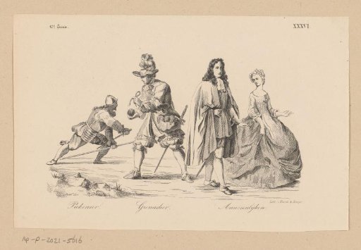 Pikeman, grenadier, and wealthy man and woman in seventeenth-century clothing