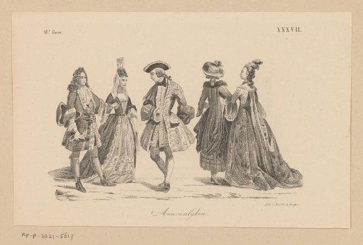 Three women and two men in eighteenth-century clothing