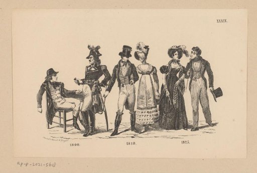 Six men and women in clothing from 1800, 1810, and 1825