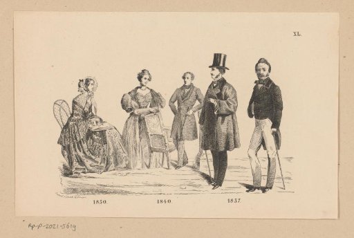 Two women and three men in clothing from 1850, 1840, and 1857