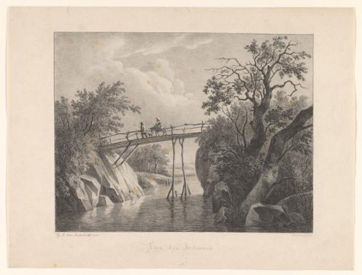 Landscape in the Ardennes with figures and a donkey on a wooden bridge