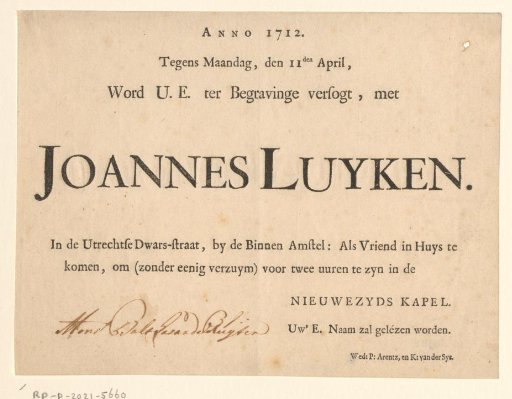 Invitation to the funeral of Jan Luyken, 11 April 1712