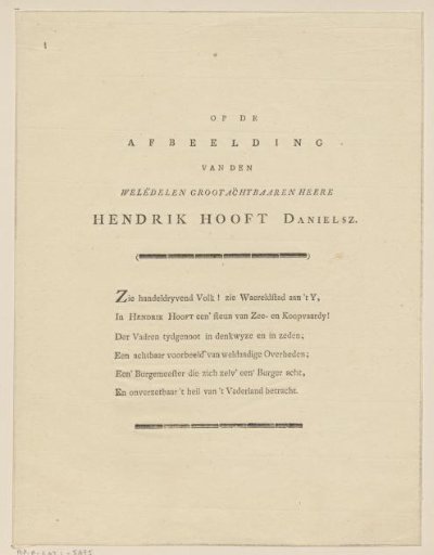Caption for a portrait of Hendrik Danielsz. Hooft