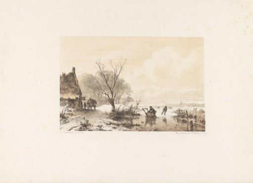 Skaters and a Man with a Sled on a Frozen River